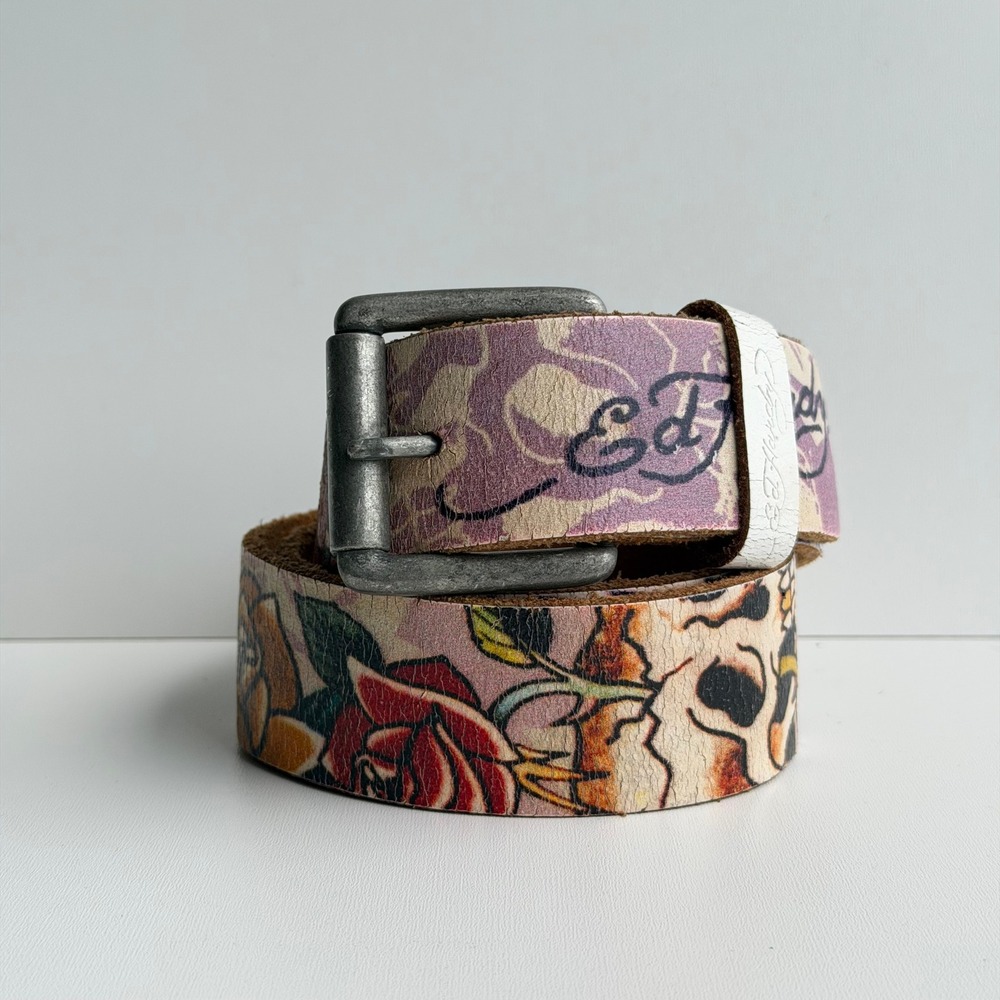 Ed Hardy Leather Belt Large Purple Tattoo Skull Rose Graphic Y2K Streetwear